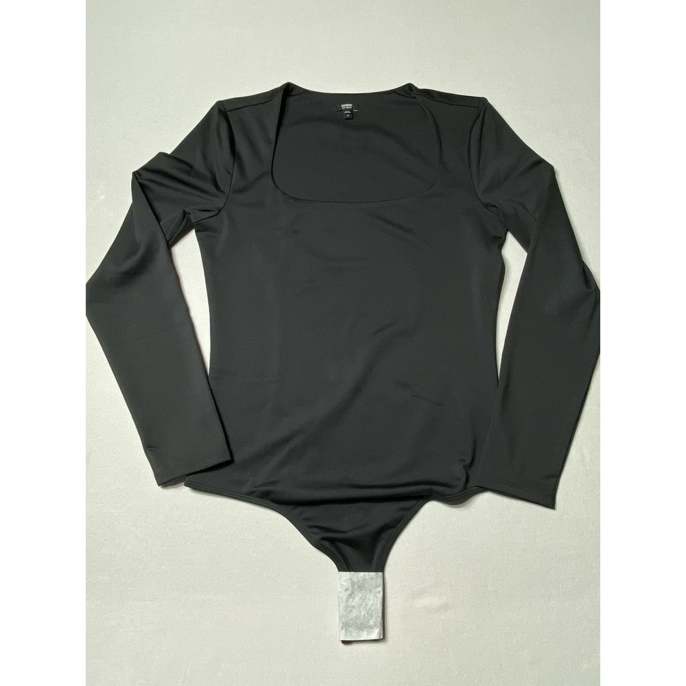 Express Body Contour Bodysuit Womens M Black Long Sleeve Square Neck Stretch - Picture 1 of 9